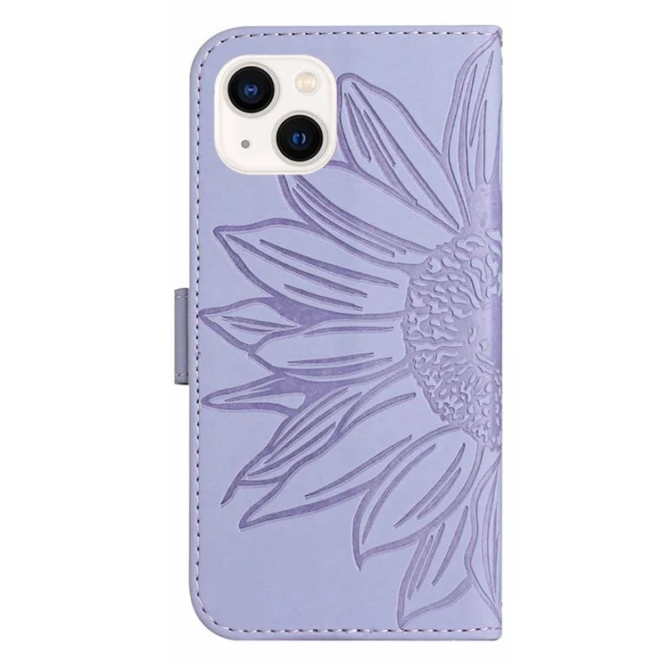 HT04 For iPhone 15 Skin-touch Phone Case Sunflower Pattern Stand Leather Wallet Cover with Hand Strap - Light Purple