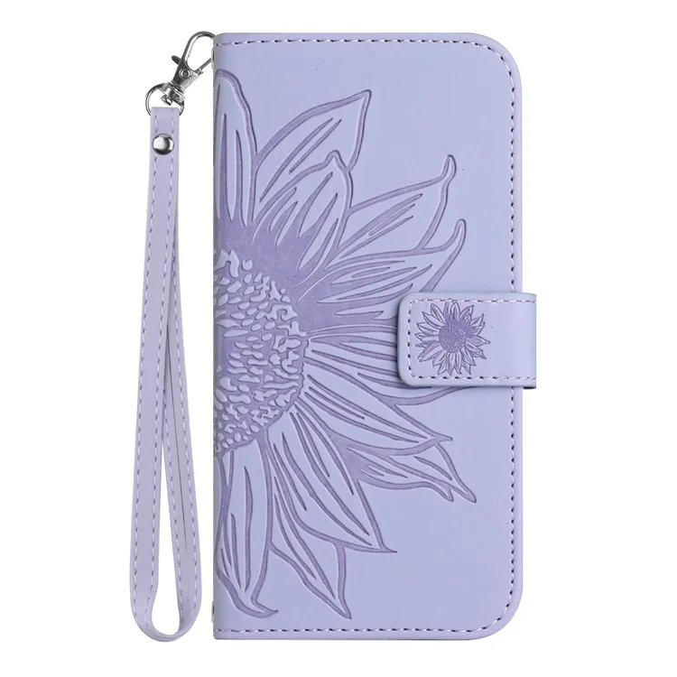 HT04 For iPhone 15 Skin-touch Phone Case Sunflower Pattern Stand Leather Wallet Cover with Hand Strap - Light Purple
