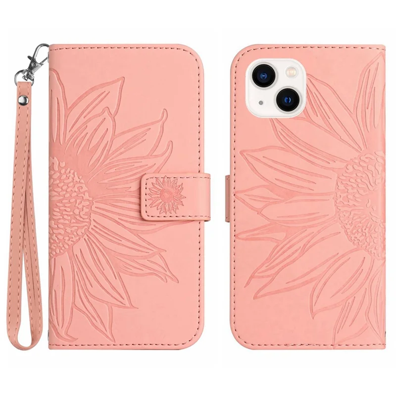 HT04 For iPhone 15 Skin-touch Phone Case Sunflower Pattern Stand Leather Wallet Cover with Hand Strap - Light Pink