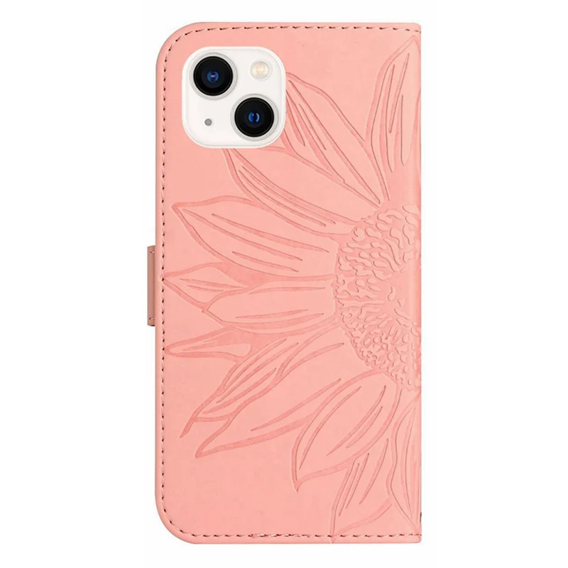 HT04 For iPhone 15 Skin-touch Phone Case Sunflower Pattern Stand Leather Wallet Cover with Hand Strap - Light Pink