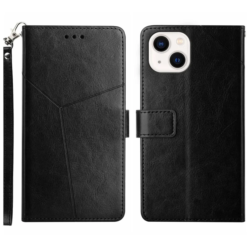 HT01 Y-shaped Line Imprinting Phone Case for iPhone 15 , PU Leather Wallet Stand Anti-drop Cover - Black