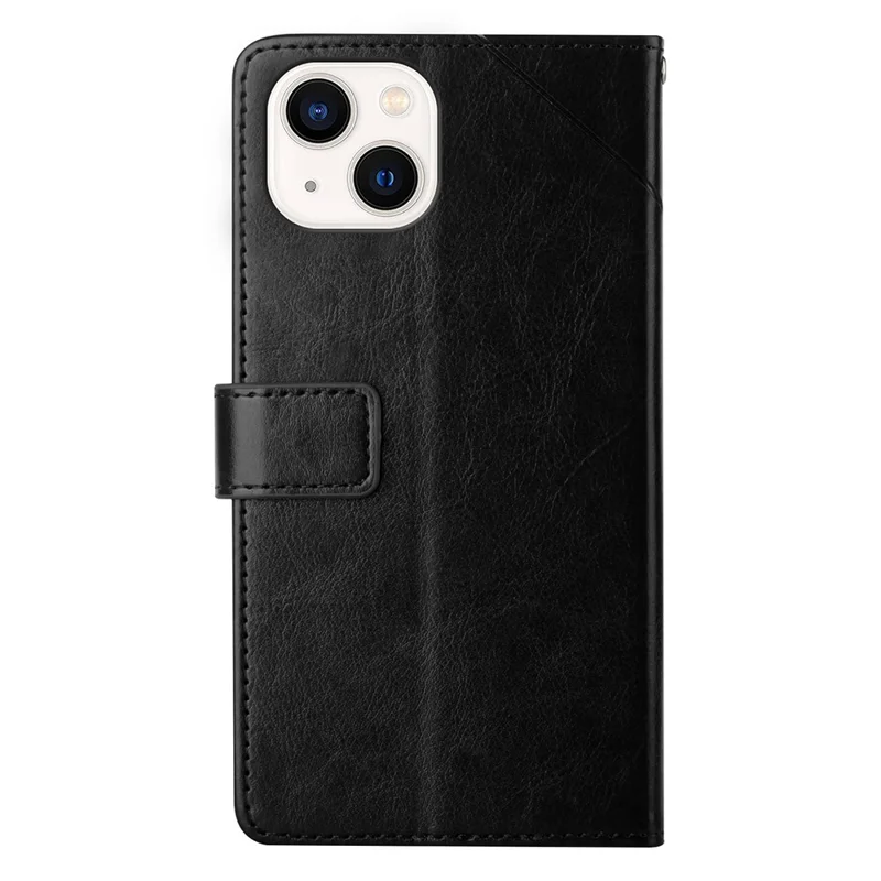HT01 Y-shaped Line Imprinting Phone Case for iPhone 15 , PU Leather Wallet Stand Anti-drop Cover - Black
