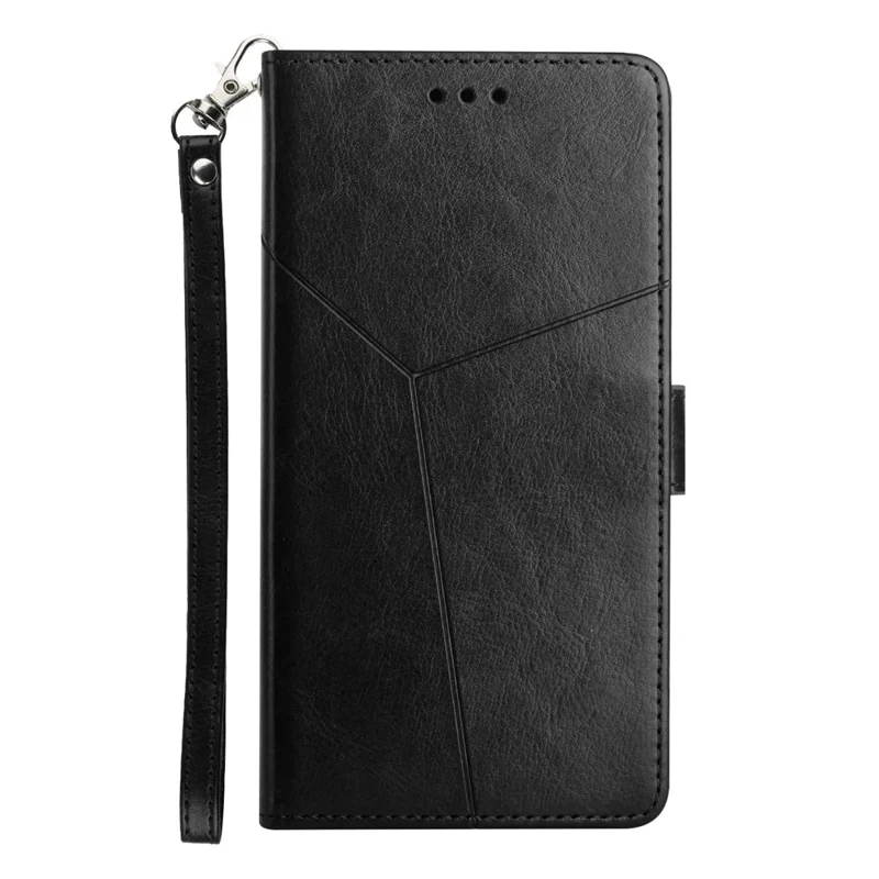 HT01 Y-shaped Line Imprinting Phone Case for iPhone 15 , PU Leather Wallet Stand Anti-drop Cover - Black