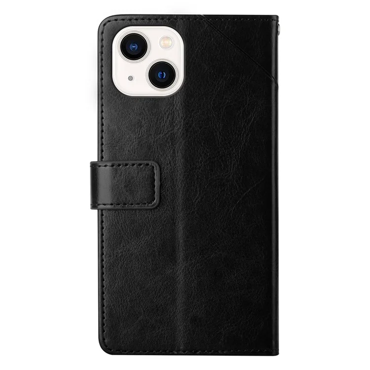 HT01 Phone Case for iPhone 15 Plus, Revestimento de Carteira de Couro PU com Impressão de Linha em Forma de Y, Suporte Anti-queda - Preto