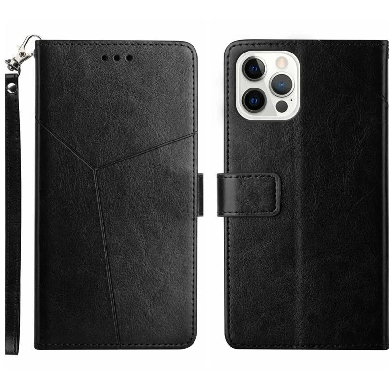 Custodia per iPhone 15 Pro Max HT01 Phone Case con linee a Y in rilievo, in pelle PU con supporto per portafogli - Nero