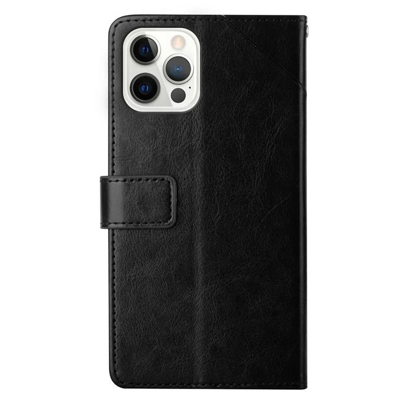 Custodia per iPhone 15 Pro Max HT01 Phone Case con linee a Y in rilievo, in pelle PU con supporto per portafogli - Nero