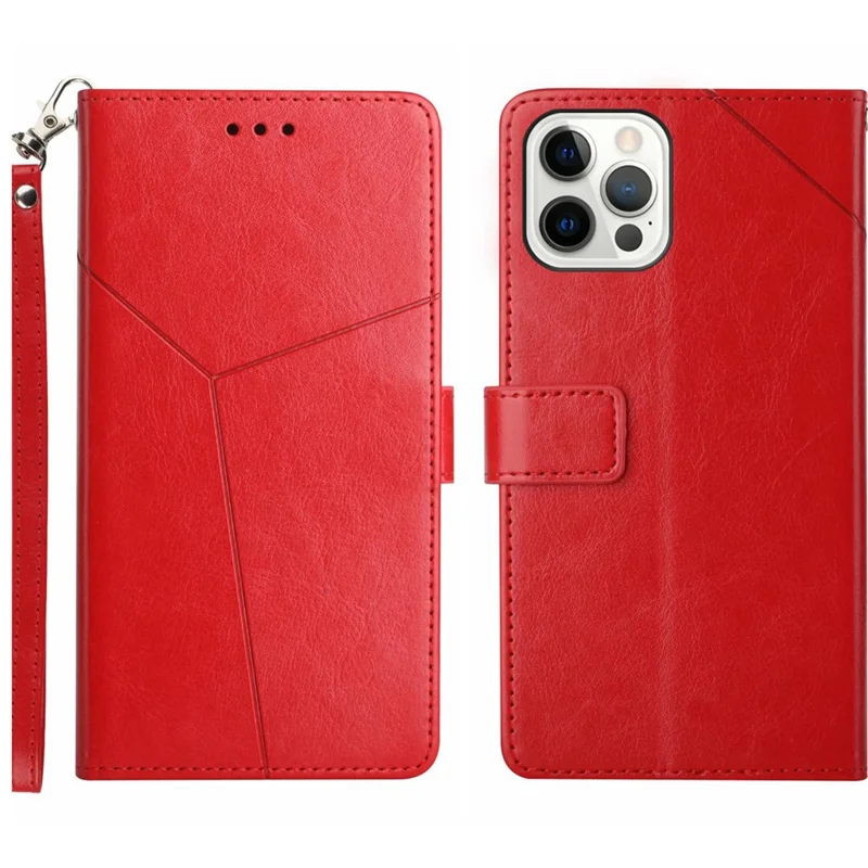 Funda de Teléfono HT01 para iPhone 15 Pro, Línea en Forma de Y, Imitación de Cartera, Soporte, a Prueba de Caídas, Cubierta de Cuero PU - Rojo
