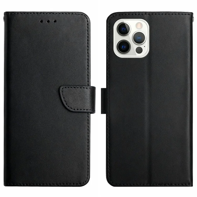 HT02 Wallet Stand Case für iPhone 15 Pro Stoßfest, echtes Büffelleder, Nappa-Textur, Handyhülle - Schwarz