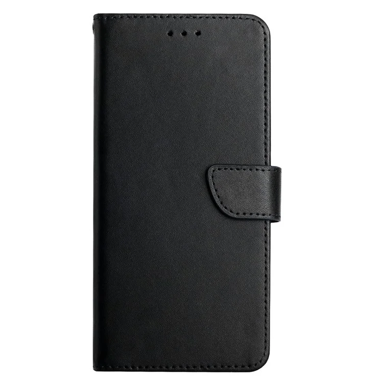 HT02 For iPhone 15 Plus Wallet Stand Case Genuine Cow Leather Nappa Texture Phone Cover - Black