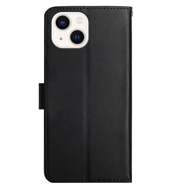 HT02 For iPhone 15 Plus Wallet Stand Case Genuine Cow Leather Nappa Texture Phone Cover - Black