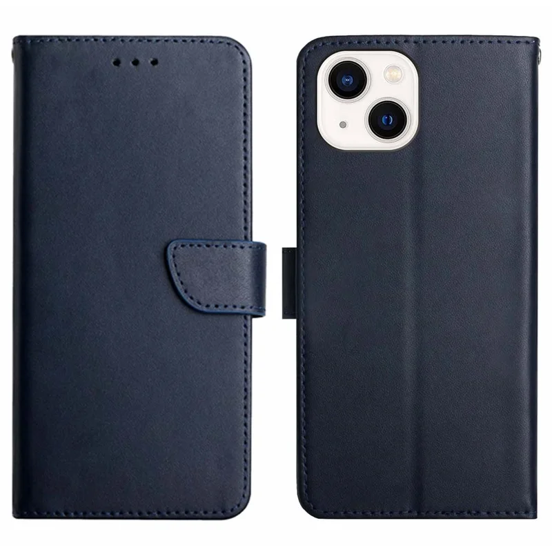 HT02 для iPhone 15 Plus Бумажник Стенд Дело Натуральная Кожа Корова Nappa Текстура Чехол для Телефона - Синий 