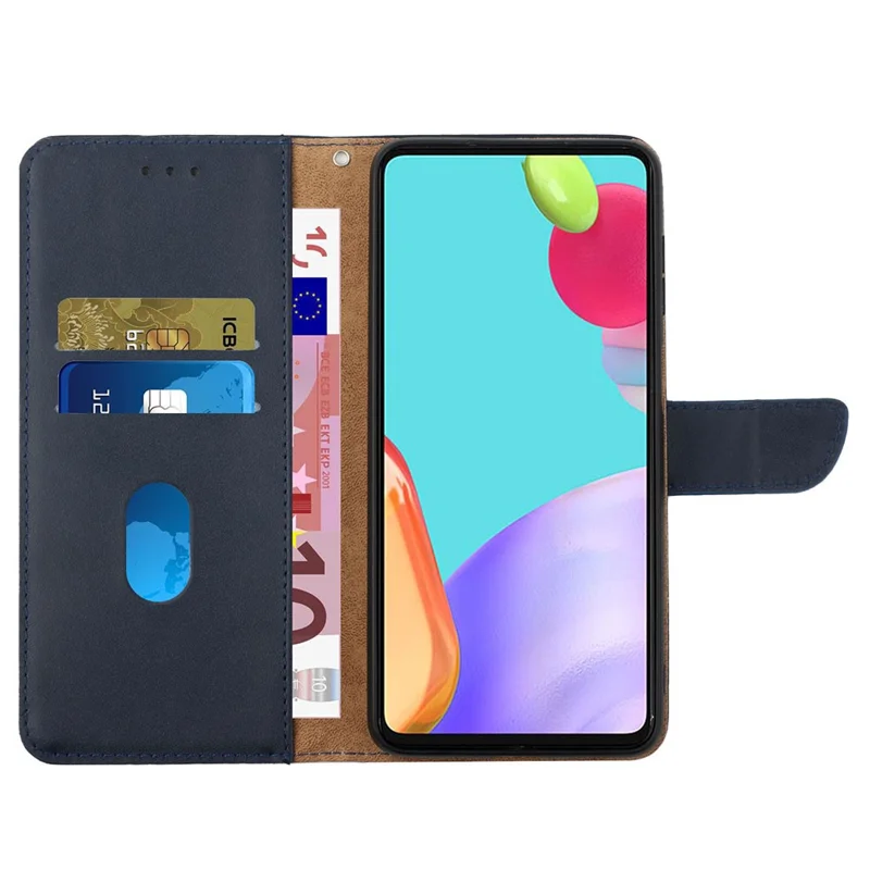 HT02 для iPhone 15 Plus Бумажник Стенд Дело Натуральная Кожа Корова Nappa Текстура Чехол для Телефона - Синий 