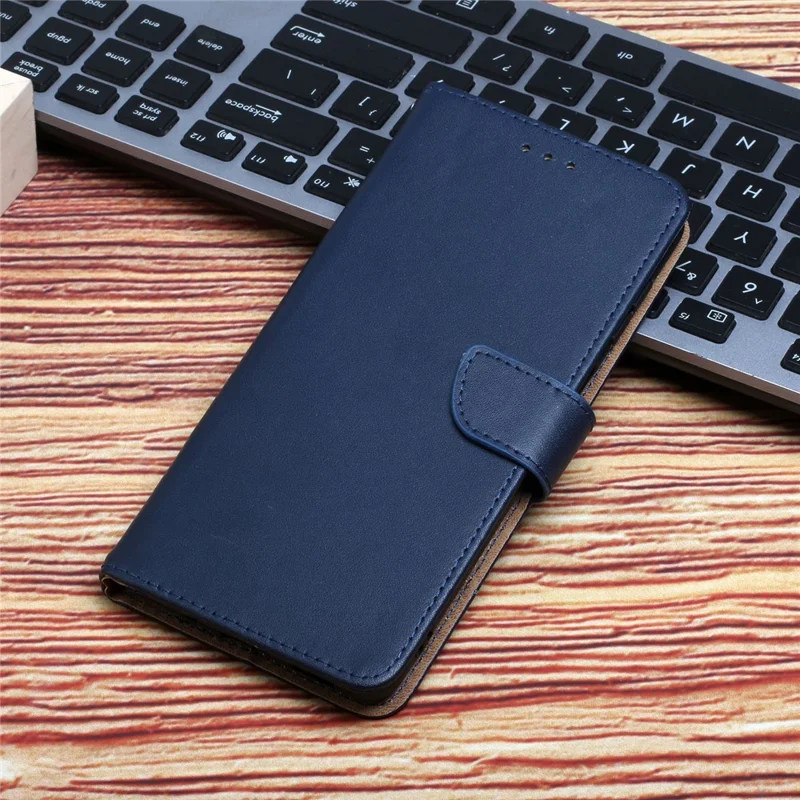 HT02 для iPhone 15 Plus Бумажник Стенд Дело Натуральная Кожа Корова Nappa Текстура Чехол для Телефона - Синий 