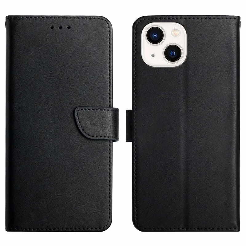HT02 Wallet Stand Case für iPhone 15 Echtes Kuhledernappa-Textur stoßfeste Handyhülle - Schwarz