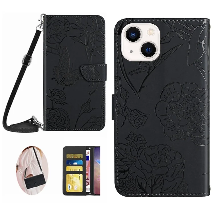 HT03 Per iPhone 15 Plus PU Leather Phone Cover Stand Wallet Imprinted Case con Tracolla - Nero