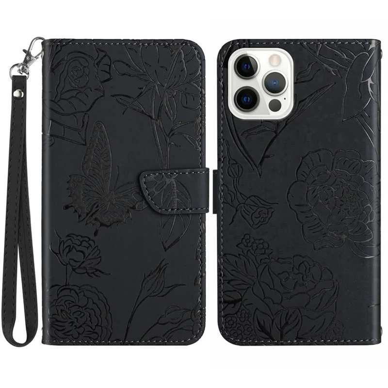 HT03 voor iPhone 15 Pro Max PU Leather Stand Wallet Hoesje met Vlinderprint en Polsbandje - Zwart