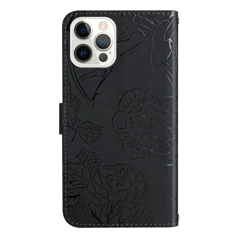 HT03 voor iPhone 15 Pro Max PU Leather Stand Wallet Hoesje met Vlinderprint en Polsbandje - Zwart