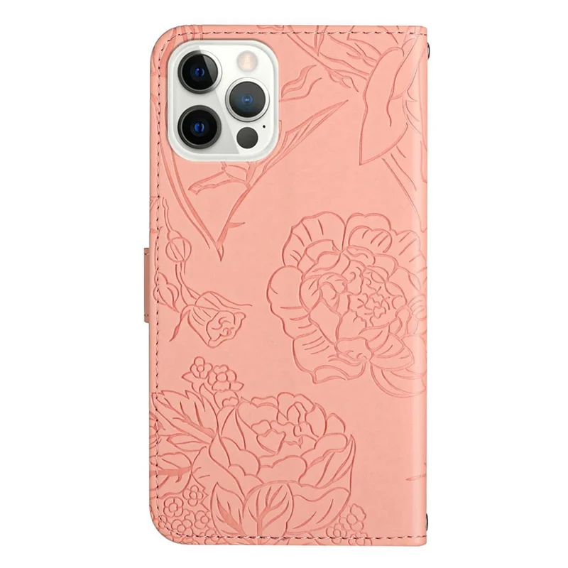 HT03 For iPhone 15 Pro Butterfly Imprinted PU Leather Phone Stand Cover Wallet Case with Wrist Strap - Pink