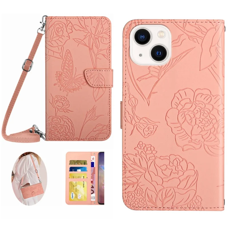HT03 For iPhone 15 PU Leather Anti-scratch Phone Cover Stand Wallet Imprinted Case with Shoulder Strap - Pink