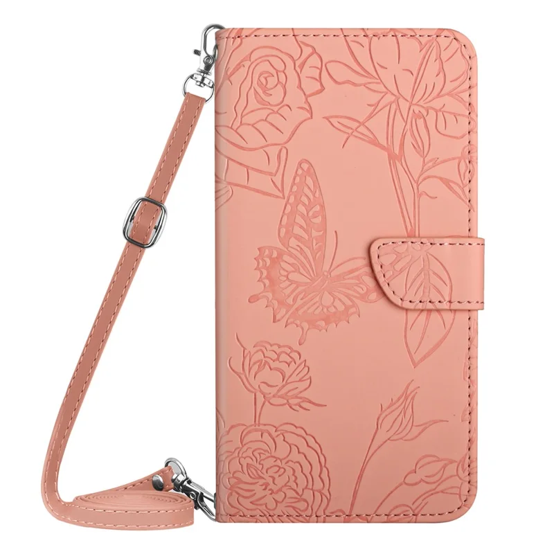 HT03 For iPhone 15 PU Leather Anti-scratch Phone Cover Stand Wallet Imprinted Case with Shoulder Strap - Pink