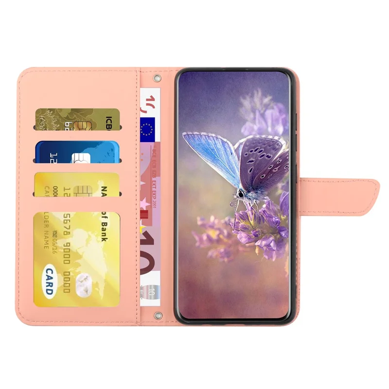 HT03 For iPhone 15 PU Leather Anti-scratch Phone Cover Stand Wallet Imprinted Case with Shoulder Strap - Pink