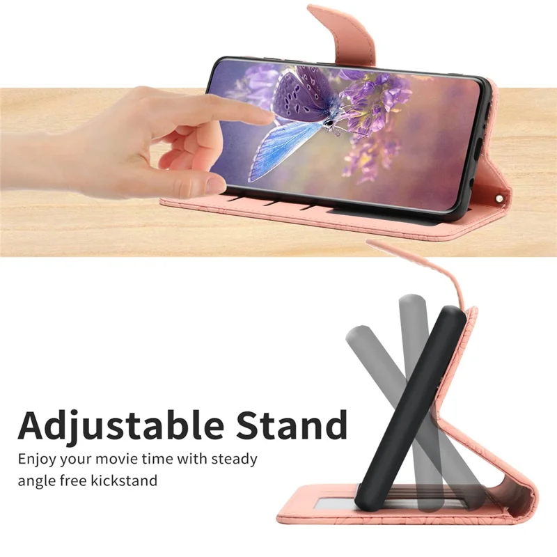 HT03 For iPhone 15 PU Leather Anti-scratch Phone Cover Stand Wallet Imprinted Case with Shoulder Strap - Pink