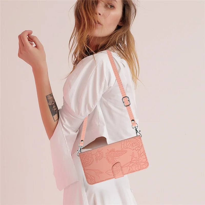 HT03 For iPhone 15 PU Leather Anti-scratch Phone Cover Stand Wallet Imprinted Case with Shoulder Strap - Pink