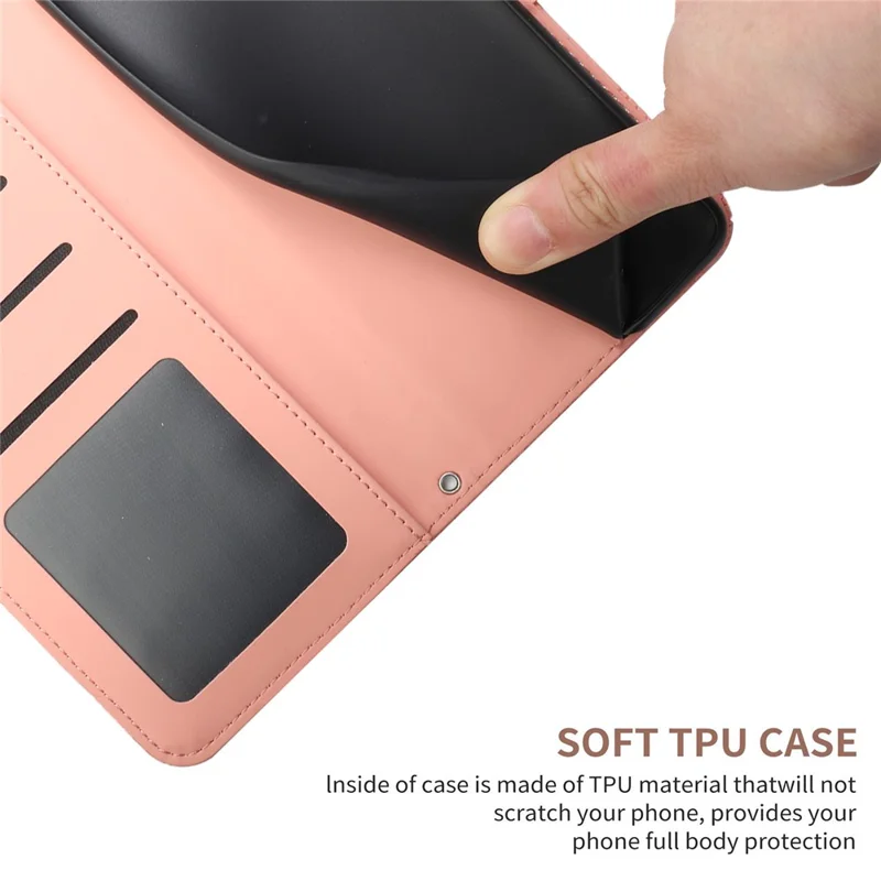 HT03 For iPhone 15 PU Leather Anti-scratch Phone Cover Stand Wallet Imprinted Case with Shoulder Strap - Pink