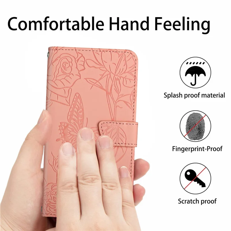 HT03 For iPhone 15 PU Leather Anti-scratch Phone Cover Stand Wallet Imprinted Case with Shoulder Strap - Pink