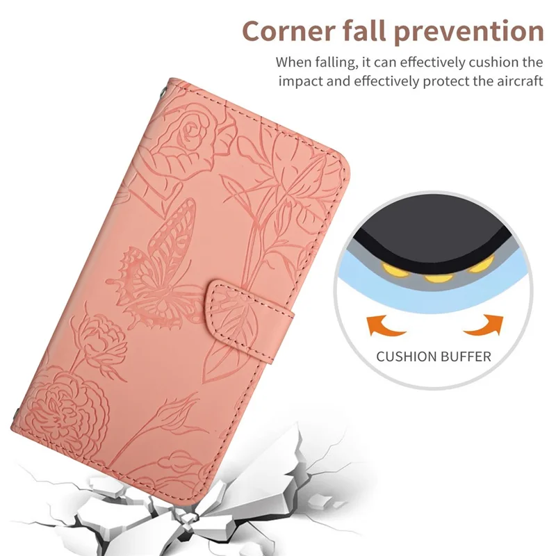 HT03 For iPhone 15 PU Leather Anti-scratch Phone Cover Stand Wallet Imprinted Case with Shoulder Strap - Pink