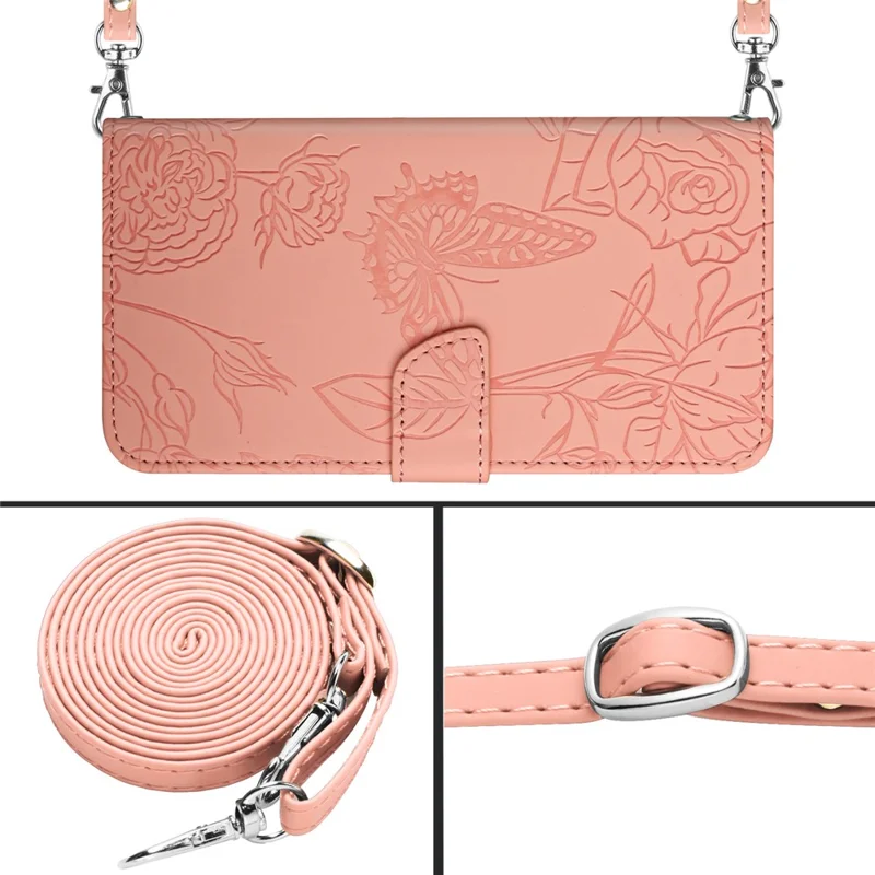 HT03 For iPhone 15 PU Leather Anti-scratch Phone Cover Stand Wallet Imprinted Case with Shoulder Strap - Pink