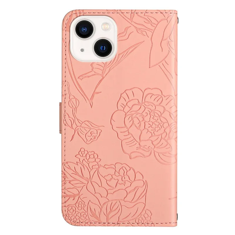 HT03 For iPhone 15 PU Leather Anti-scratch Phone Cover Stand Wallet Imprinted Case with Shoulder Strap - Pink