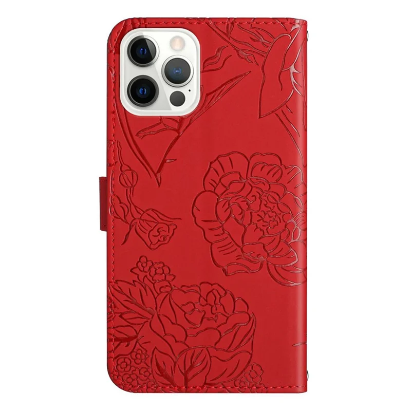 HT03 Phone Cover for iPhone 15 Pro Max PU Leather Stand Wallet Imprinted Case with Shoulder Strap - Red