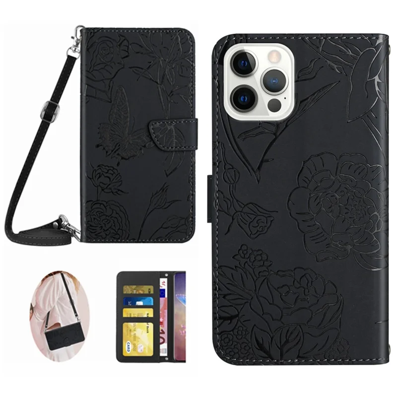 Funda de teléfono HT03 para iPhone 15 Pro de piel de imitación PU con soporte de cartera a prueba de golpes con estampado - Negro