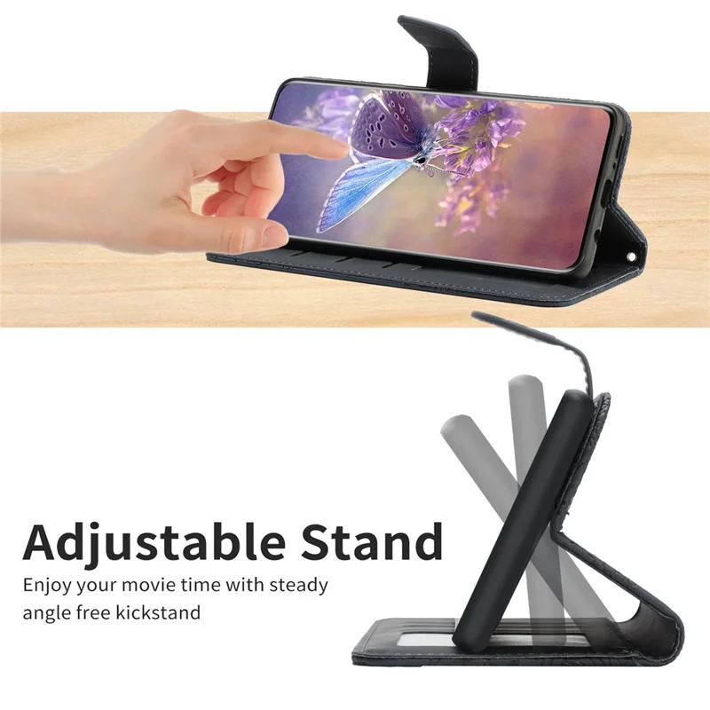 Funda de teléfono HT03 para iPhone 15 Pro de piel de imitación PU con soporte de cartera a prueba de golpes con estampado - Negro