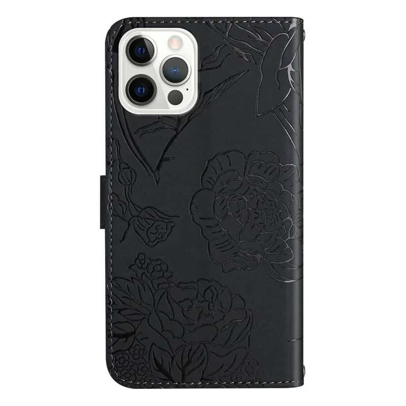 Funda de teléfono HT03 para iPhone 15 Pro de piel de imitación PU con soporte de cartera a prueba de golpes con estampado - Negro