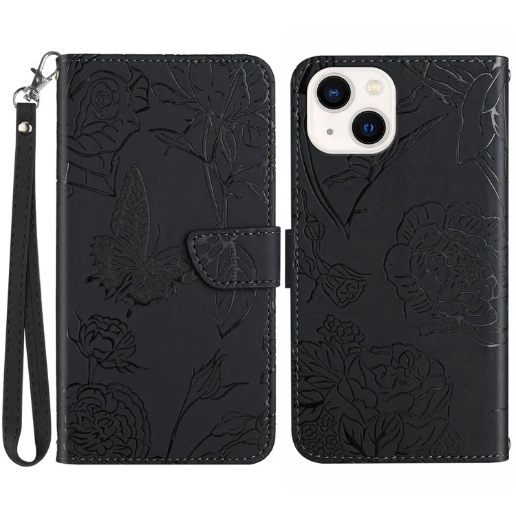 HT03 Wallet Case für iPhone 15 bedrucktes PU-Leder Handyhalterung mit Handschlaufe - Schwarz