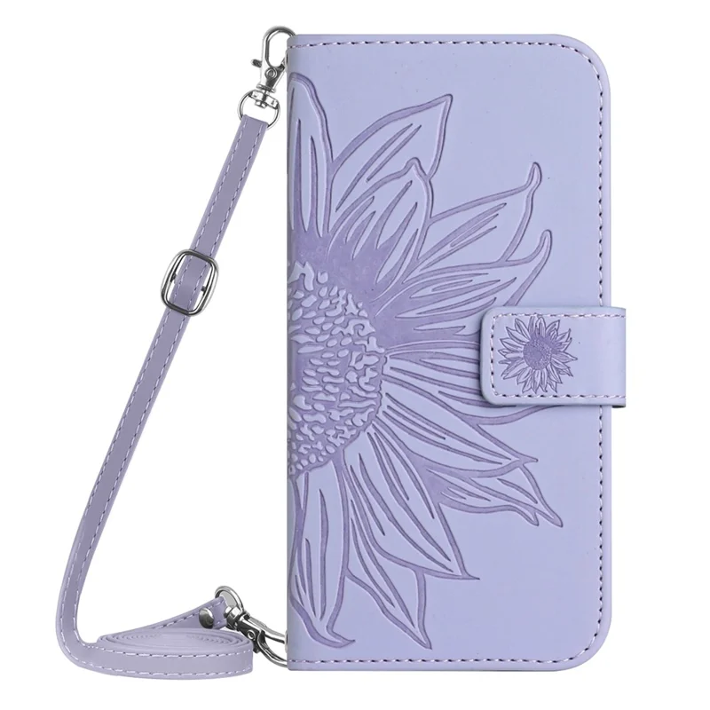 HT04 Leather Phone Case for iPhone 15 Plus Sunflower Imprint Wallet Stand Cover with Shoulder Strap - Light Purple