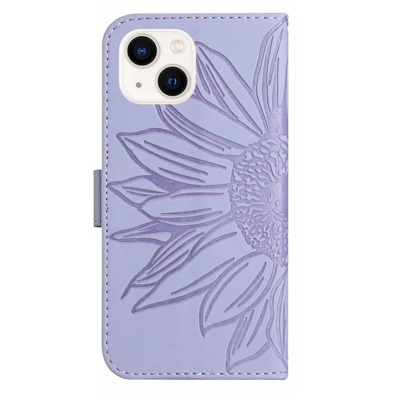 HT04 Leather Phone Case for iPhone 15 Plus Sunflower Imprint Wallet Stand Cover with Shoulder Strap - Light Purple