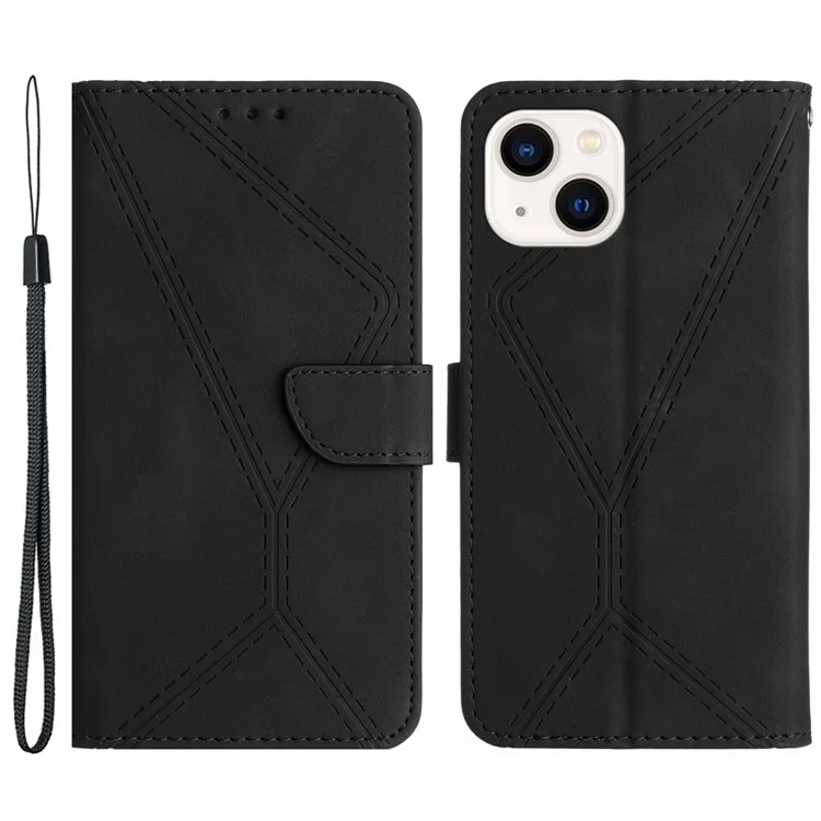 HT05 Lederhülle für iPhone 15 Skin-Touch Flip Stand Wallet Mit Aufdruck Telefonhülle - Schwarz