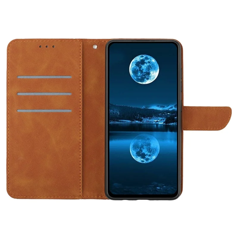 HT05 Lederhülle für iPhone 15 Skin-Touch Flip Stand Wallet Bedruckter Linientelefon-Koffer - Braun
