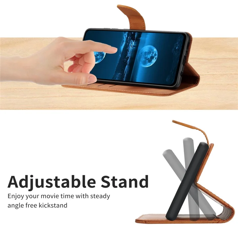 HT05 Lederhülle für iPhone 15 Skin-Touch Flip Stand Wallet Bedruckter Linientelefon-Koffer - Braun