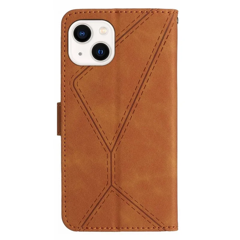 HT05 Lederhülle für iPhone 15 Skin-Touch Flip Stand Wallet Bedruckter Linientelefon-Koffer - Braun
