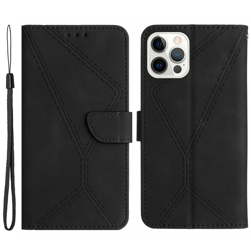 HT05 Leather Cover for iPhone 15 Pro Max Flip Stand Wallet Imprinted Line Skin-touch Phone Case - Black