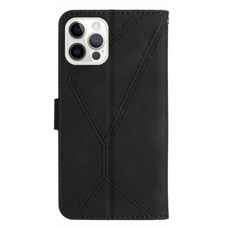 HT05 Leather Cover for iPhone 15 Pro Max Flip Stand Wallet Imprinted Line Skin-touch Phone Case - Black