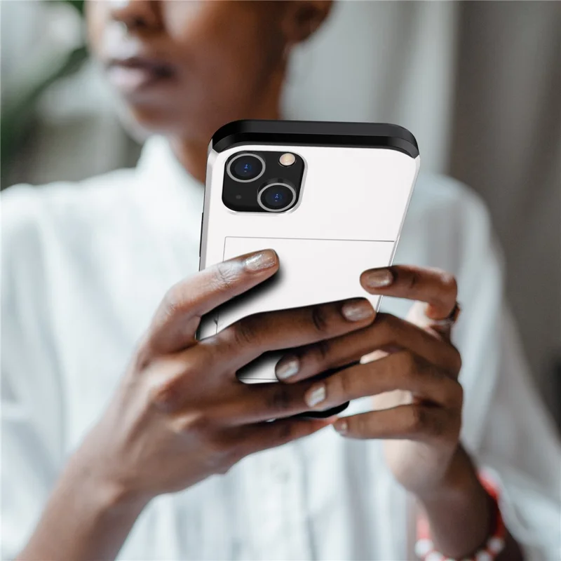 Card Holder Phone Case for iPhone 15 Plus , TPU + PC Dual Layer Anti-drop Phone Cover - White