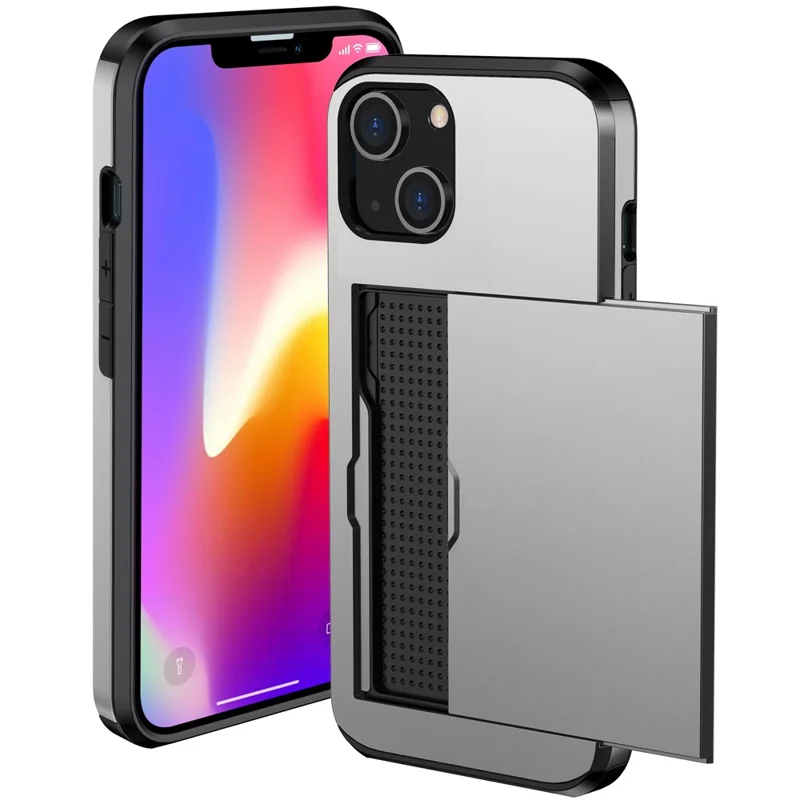 Card Holder Phone Case for iPhone 15 Plus , TPU + PC Dual Layer Anti-drop Phone Cover - Grey