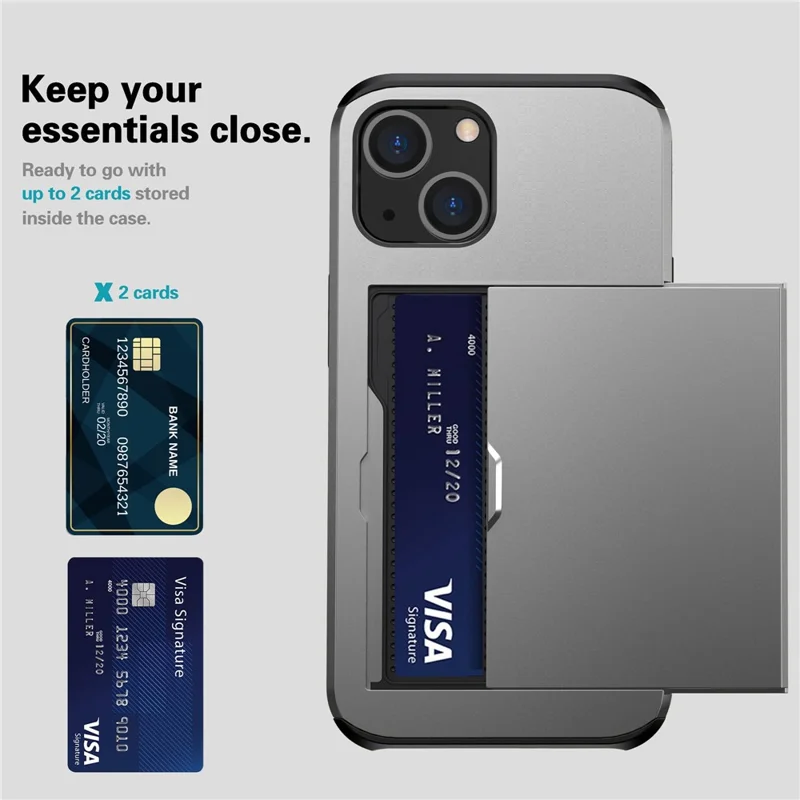 Card Holder Phone Case for iPhone 15 Plus , TPU + PC Dual Layer Anti-drop Phone Cover - Grey