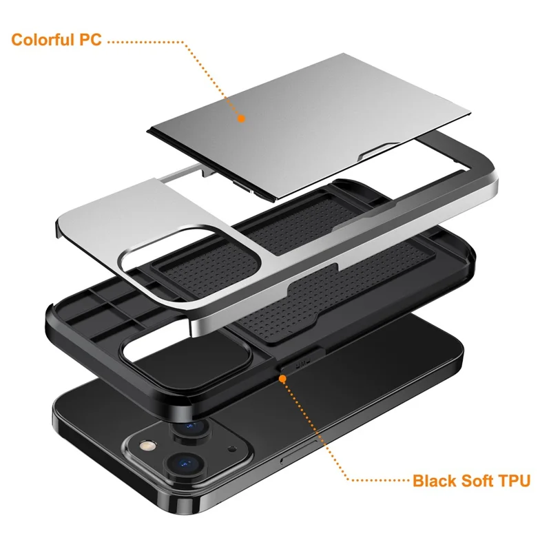 Card Holder Phone Case for iPhone 15 Plus , TPU + PC Dual Layer Anti-drop Phone Cover - Grey