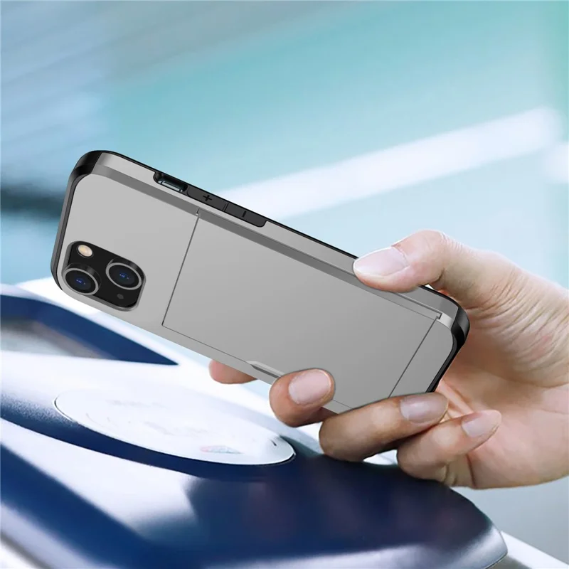 Card Holder Phone Case for iPhone 15 Plus , TPU + PC Dual Layer Anti-drop Phone Cover - Grey